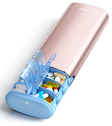 VAYDEER Tablettenbox 7 Tage [LFGB-zertifiziert] [Trockensicher] [Kindersicher] [Lichtgeschützt] [Metall] Reise-Pillendose Tabletten-Organizer für 2× täglich Medikamentenbox, morgens & abends Roségold