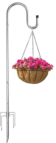 LAIDER HEROS Garden Schäferhaken, 170cm Heavy Duty Garten Haken Mit 5 Prong und 16mm Stangendurchmesser, Vogelfutterspender Stange für Pflanzenkörben, Laternen, Hochzeitsdekoration/Silber