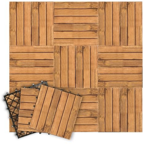 Fiqops Holzfliesen 30x30cm, Akazienholz Bodenfliesen 66Stück 6㎡,Terassenboden Außen,Klickfliesen Terrasse Mosaik für Garten Patio,Balkon Bodenbelag (6 Latten)