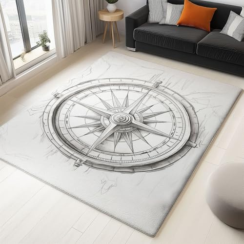 Flanell Kinderteppich für Wohnzimmer Schlafzimmer, Nautisches Thema Kompass Weich rutschfest Teppich, Pflegeleicht & Strapazierfähig Deko für Esszimmer & Büro 120x170 cm Grau