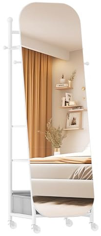 Hzuaneri Miroir sur Pied, Miroir avec Porte-Manteau, 50 x165,8 cm, Roues Pivotantes À 360°, avec Boîte de Rangement et Crochets pour Chambre À Coucher, Vestiaire, Salon, Blanc DM41703W