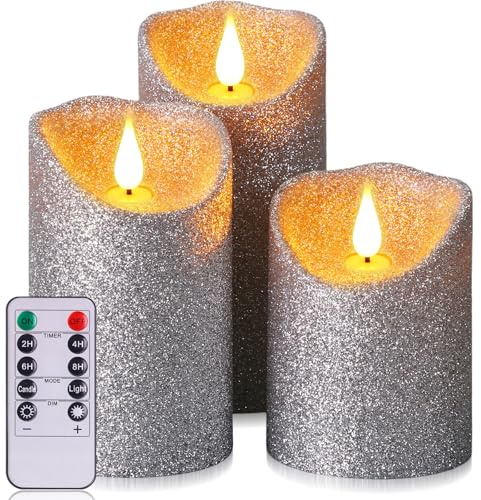 Retisee Set of 3 Silver Glitter Flameless Candles with Remote and Timer, Chrismas Battery Operated Piller Candles, 4 5 6 Flickering Real Wax LED Candle for Chrismas Wedding Party Home Decor