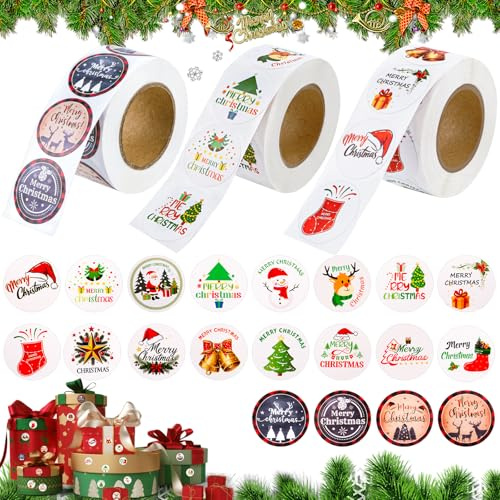 1500 Stück Aufkleber Weihnachten Rund, Weihnachtsaufkleber Selbstklebend 2.5cm im 20 Stil, Weihnachtssticker Etiketten mit Merry Christmas Motiven für Geschenkverpackungen Umschlag Party Dekoration