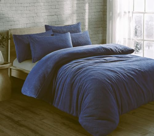 HOMES-LINEN Teddy Bear Fleece Thermal Warm Cosy Soft Fur Duvet Cover Set With Pillow Cases (Navy, Super King)