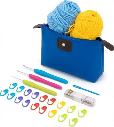 Jaliun Kit Uncinetto Principianti – Set Crochet con Uncinetti Ergonomici | Include 3 uncinetti ergonomici,2 gomitoli,custodia,marcapunti,ago e metro.Per amigurumi e fai da te