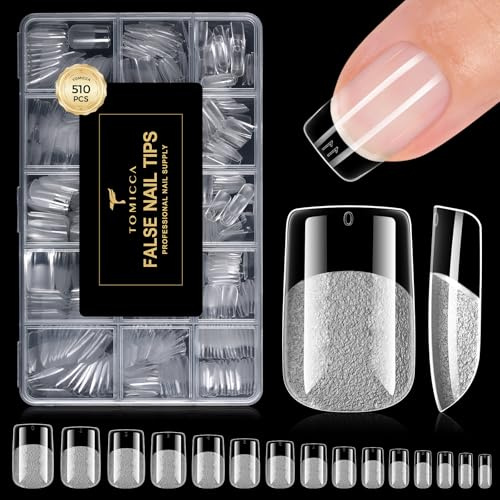 TOMICCA 510Pcs Ultra-Matte Short Square Nail Tips for DIY Home & Salon | 15 Sizes Upgraded Pre-Shaped Clear Press On Nails, Full Cover Acrylic, Easy Coloring, Natural Look, Long-Lasting Non-Lifting