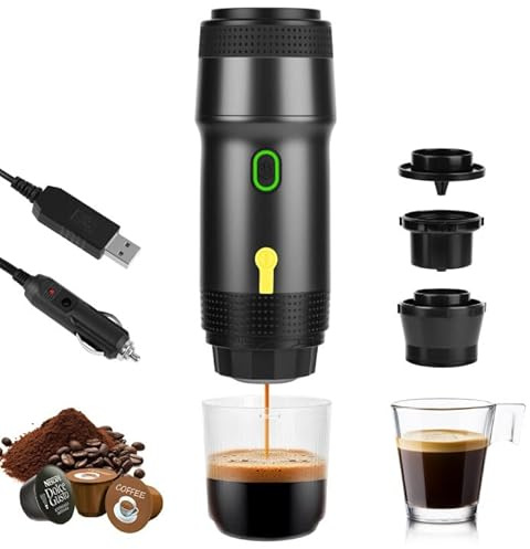 Dreamhigh® Tragbare Espressomaschine mit 7500mAh Akku, Reise Kaffeemaschine Klein mit USB & Autoladegerät, Mini Espressomaschine kompatibel mit Kaffeekapseln & Pulver, für Camping & Reisen