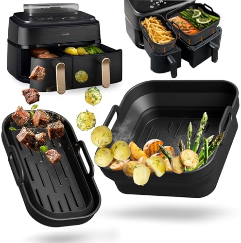Faltbar Silikonform Zubehör für Philips 3000-5000 Series Dual Basket 9L | Wiederverwendba Heißluftfritteuse Airfryer Auflaufform Einsatz, anstelle Backpapier, Für Philips Airfryer NA350/NA550 9L