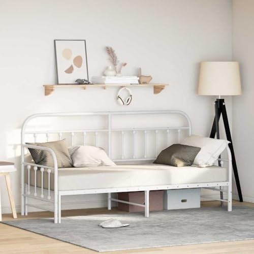 Holamys Tagesbettrahmen mit Kopfteil, Weiß, 75 x 190 cm, Stahl, ausziehbar, Robustes Metallbett für Schlafzimmer, Wohnzimmer