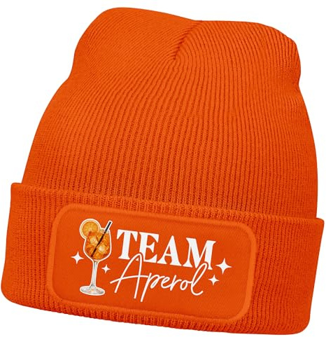 MoonWorks® Damen Beanie - Team Aperol - Patch Strickmütze mit Spruch Aufdruck Lustig Damenmütze Acessoires Gruppenoutfit