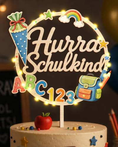 Giftota Cake Topper Hurra Schulkind aus Holz mit LED Lichterkette | bunt Tortendeko Einschulung, ABC 123 Kuchen Deko - 2026 Einschulung Deko für Junge Mädchen - Schulanfang Deko