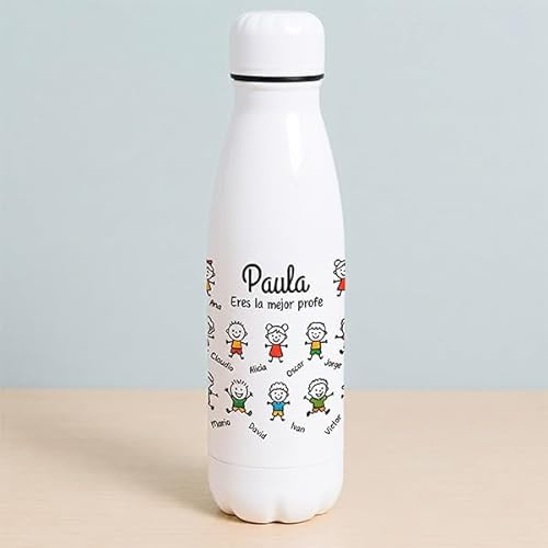 Transparent Gift Botella Muñequitos Personalizada para Profesores. Botella con Nombres de Alumnos. Regalos Originales Fin de Curso. Regalos Personalizados para Profesores y Profesoras.