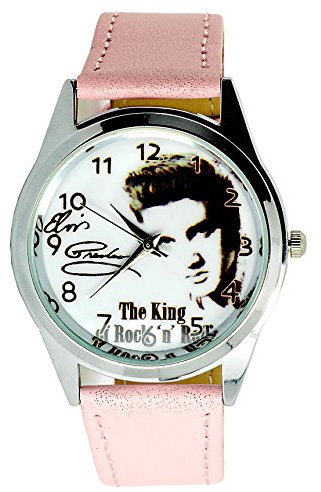 taport® Elvis Presley Bergkristall rund Armbanduhr Pink Echt Leder Band + Gratis Ersatz Batterie + Gratis Geschenkverpackung