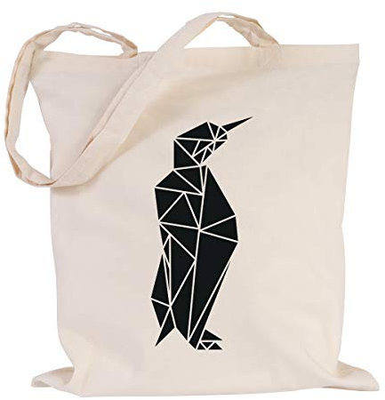 JUNIWORDS Jutebeutel - Wähle ein Motiv & Farbe - Origami Pinguin aufrecht (Beutel: Natur, Motiv: Schwarz)