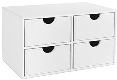 OSCO White Faux Leather 4-Drawer Storage Chest | Desk Organiser for Home & Office | Compact Filing Unit | Stylish Desktop Organiser | H18.5 x W33 x D21 cm