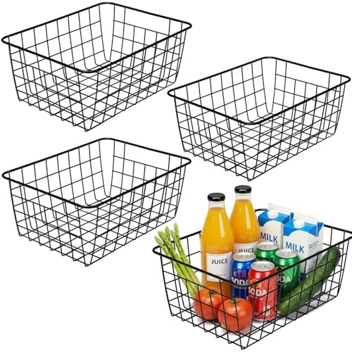 Aeggplant Küchen-Drahtkörbe, Bauernhaus-Dekoration, Metall, Lebensmittelaufbewahrung, Organizer, Haushalt, Kühlschrank, mit integrierten Griffen für Schränke, Speisekammer, 4 Stück (schwarz)