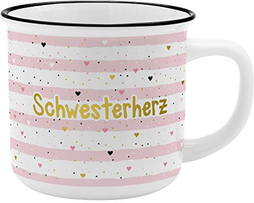 GRUSS & CO Becher Motiv Schwesterherz | New Bone China Porzellan, Emaille-Optik, 35 cl | Geschenk Schwester | 46978