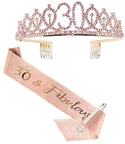 SZHUIHER 30th Birthday Sash and Tiara for Women, Rose Gold Birthday Sash Crown 30 & Fabulous Sash and Tiara for Women, 30th Birthday Gifts for Happy 30th Birthday Party Supplies