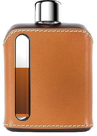 Ragproper Flasque moderne en verre – Gourde recouverte de cuir durable pour whisky, spiritueux et autres alcools – Bouteille en verre idéale pour homme et femme (100 ml, cuir foncé et brun clair)