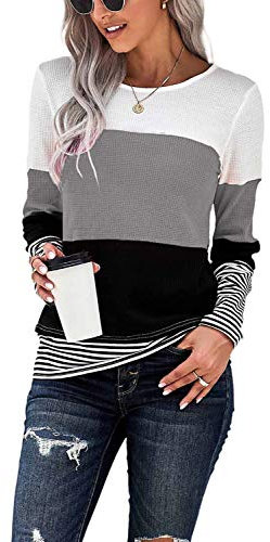 GOLDPKF Tee Shirt Femme à Manches Longues pour Femmes avec Blocs de Couleurs T-Shirt spacieux et Confortable Pull surdimensionné T-Shirts Vintage pour Femmes Gris XX-Large