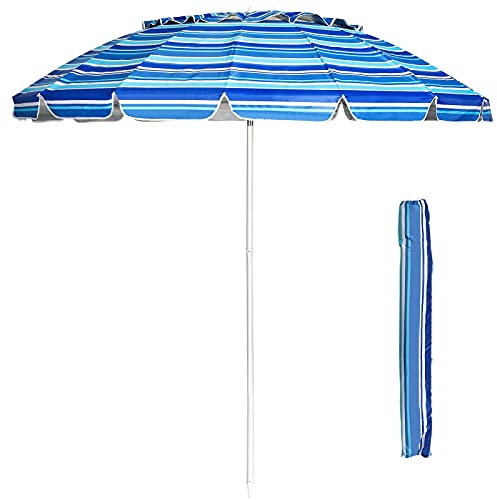 GIANTEX 243 cm Ombrellone da Spiaggia con Palo Alluminio Centrale, Protezione Solare e Pioggia, Ombrellone Portatile con Borsa di Trasporto, Adatto a Piscina, Giardino e Terrazzo (strisce blu)