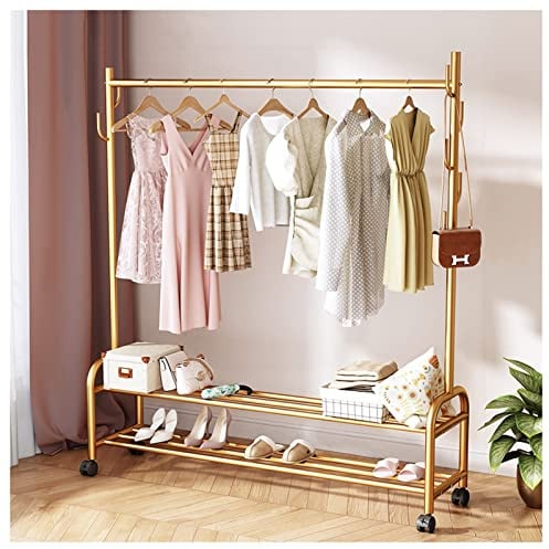 QWERTYUKJ Mobiler Kleiderständer Mit Rollen Robuste Kleiderstange Strapazierfähiger Kleiderständer Aus Metall Freistehender Kleiderbügel Mit 2 Etagen Untere Regale (Color : Gold, Size : 120 cm)