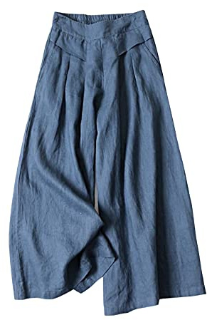 Gihuo Pantalones Culottes de Mezcla de Lino para Mujer, Pantalones de Pierna Ancha, Cintura elástica, Pantalones Palazzo Casuales con Bolsillos, Capris