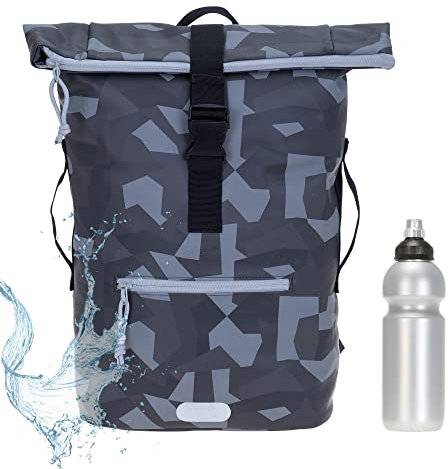 Rucksack Herren Plane Time Bag Kurierrucksack Roll-Top Fahrradrucksack Sport Fitness Damen 23 Liter A4 12821 + Flasche (12824 Cyber Camo Schwarz)