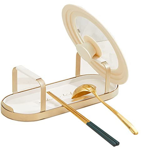 Topfdeckelhalter, Küchenutensilienhalter mit Tropfschale, Kochlöffelhalter mit Deckelhalter, Arbeitsplatten-Organizer-Regal für Schöpfkellen, Zangen, Spatel, Besteckkasten - Weiß Doppelte Schicht