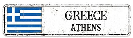 Willkommen Athen-Schild, Griechenland Athen Stadt Straßenschild Retro Griechenland Aluminiumschild Hauptstadt Vintage Metallschild Wanddekoration 15 x 60 cm