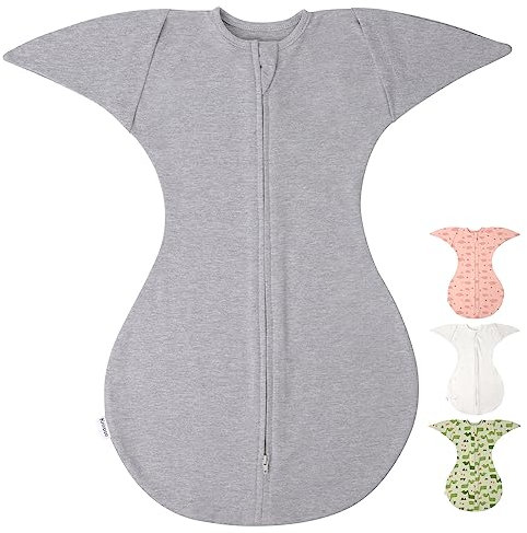 Knirose Pucksack Baby Übergangsschlafsack mit Anti-Erschrecken Funktion, Arme hoch Position, Baby Schlafsack mit Doppelreißverschluss für einfaches Windelwechseln (Grau, 0-3 Monate)