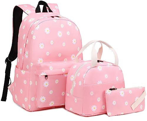 Mimfutu Mochila escolar para niñas adolescentes, mochila 3 en 1 para niños, juego de mochilas escolares con lonchera y estuche para lápices, Flores Rosa, L, Juego de mochila escolar
