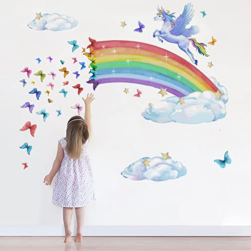 Runtoo Wandtattoo Regenbogen Einhorn Groß Wandsticker Schmetterling Wolken Wandaufkleber Kinderzimmer Babyzimmer Mädchen Junge Wanddeko