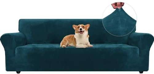 Ystyle Sofa Überzug Samt 4 Sitzer, Stretch Sofabezug, Sofaschoner rutschfest, Elastischer Sofa Bezug, Sofa Cover Mit Armlehnen, Bezug Sofa Sofaschutz Katze Couchschoner Sofa Decken, Dunkel Grün