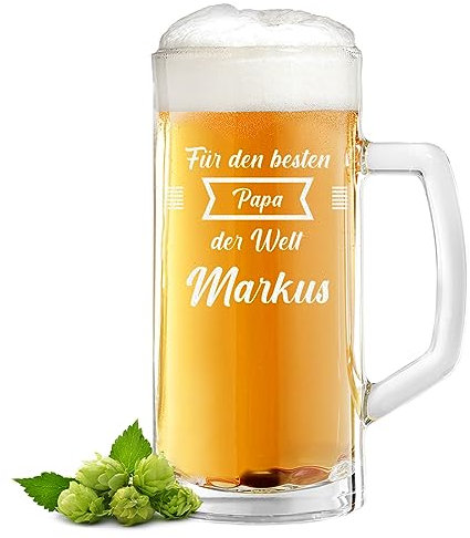 Bierkrug aus Glas 0,5 Liter mit Gravur - Für den besten Papa der Welt - das Männergeschenk zum Vatertag - Bierglas Geschenk für Väter - Geschenke für Papa - Bierseidel mit Namen