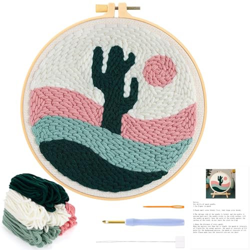 JSRQT Stanznadel Stickerei Starter Kit für Kinder Erwachsene,Punch Needle Stickerei Set für Anfänger,Punch Needle Anfänger Handarbeit Set mit Stoff,Fäden,Einfädelhilfe(Wüstenkaktus)