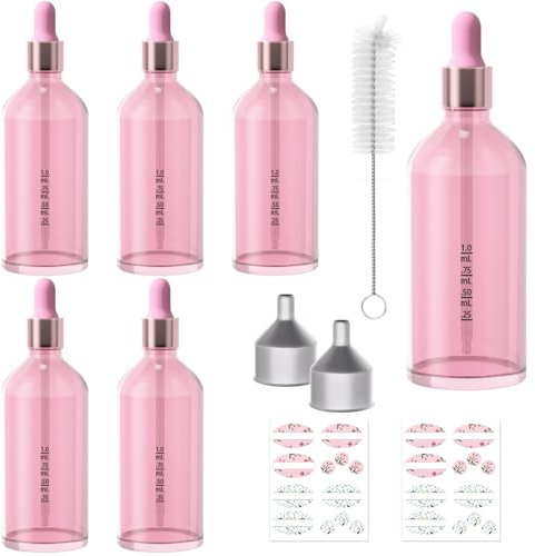 CycleMore 6 Pack (120 ml) 4 oz Pink Glass Boston Bottles with Glass Scale Eye Droppers, Glass Cosmetic Droppers for Beauty,Essential Oils, Makeup & More Liquids.