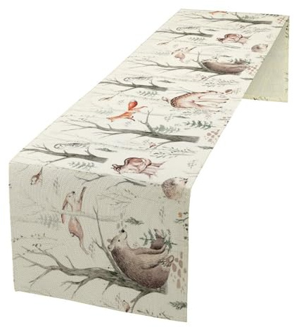 Rustikaler Wald-Tischläufer, Aquarell, Waldtiere, Eule, Igel, Fuchs, Schmetterling, Wald, Eichhörnchen, Bär, Abendessen, Tischdekoration für Zuhause, Küche, Esstisch, Dekoration, 33 x 91,4 cm