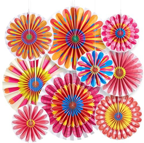 SUNBEAUTY 9 Stück Papier Fächer Bunt Dekoration Hanging Girlande Rosa Blumen Papierfächer Party Deko für Hochzeit Geburtstag Sommer Tischdeko Gartenparty Hawaiianische Dekoration
