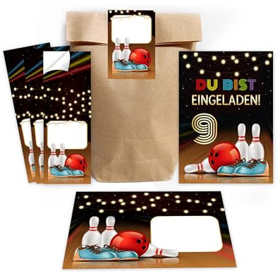 Minkocards 12 Einladungskarten zum 9. Kindergeburtstag Kegeln Bowling Mädchen Jungen Einladungen neunte Geburtstag incl. 12 Umschläge, 12 Partytüten/natur, 12 Aufkleber Einladungsset