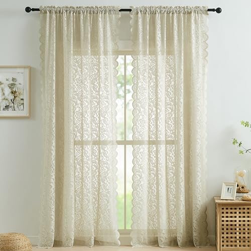 Bujasso Beige Lace Sheer Curtains 72 inch Vintage Floral Sheer Window Curtain Panels for Living Room Bedroom Romantic Light Filtering Beige Drapes Window Treatment Sets Rod Pocket 2 Panels 54 Wx72 L