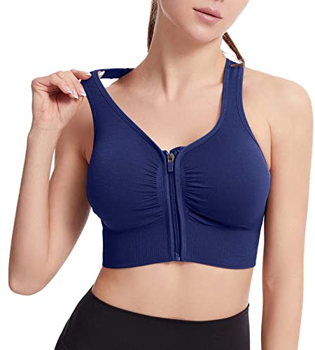 Angxiwan Sports Bras for Women UK High Impact Zip Front Wireless Bra Ladies Plus Size Crop Top Vest Padded Seamless Activewear Bras for Yoga Gym Workout Fitness