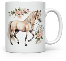 MAXIKIWI - Tazza da caffè o tè in ceramica liscia e resistente per casa o ufficio - perfetta per ogni occasione - Acquerello con fiori di cavallo - 300 ml