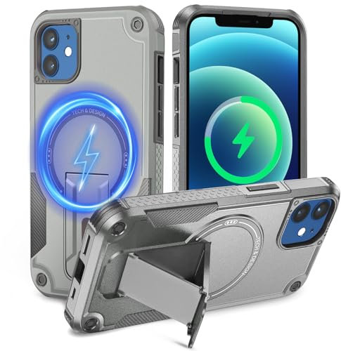 Tuvror Magnetic for iPhone 12 Case iPhone 12 Pro case with Stand. [Compatible with MagSafe] Built-in Kickstand. Rugged Protection Heavy Duty Shockproof Case for iPhone 12/iPhone 12 Pro (Grey)