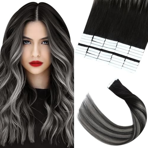 Elailite Tape in Hair Extensions Real Human Hair 40 Pcs - Seamless Skin Weft Remy Hair Extension Straight Glue in (#Ombre 1B/1B/GREY Natural Black/Natural Black Mix Grey, 22 Inch-100g)