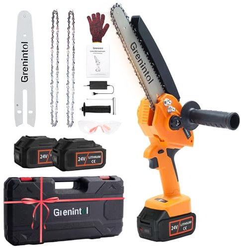 Grenintol Mini Tronçonneuse à Batterie, 8 Pouces Tronçonneuse Électrique sans Fil, 24V/1000W/6000mAh Mini Tronconneuse sans Fil avec 2 Batterie, 2 Chaînes, Tronçonneuse Électrique pour Jardin