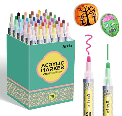 Arrtx Acrylic Paint Pens 36 Colors, 3mm Medium Tip Paint Markers, Non Toxic, Quick Drying for Rock Painting, Wood, Ceramic, Fabric, Glass, Canvas, Plastic, Metal, Stone, DIY Crafts