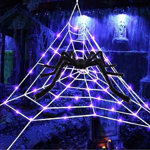 Halloween Deko Lichterkette Garten Riesen Spinnennetz mit LED-Lichter,Halloween Dekoration Riesen Spinnennetz Garten Deko Außen Riesenspinne für Party Indoor Outdoor Halloween Dekolichter (Spinnen)
