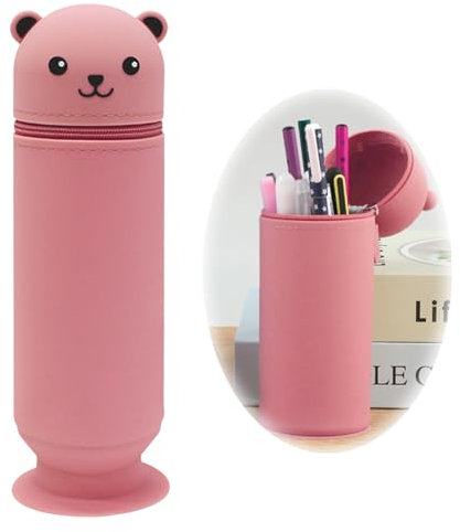 Jadin Federmäppchen, Niedliches Federmäppchen im Bären Stil, Großes Stand Up Federmäppchen, Becher Federmäppchen aus Weichem Silikon, Tier Federmäppchenhalter für Kinder, Studenten, Erwachsene (Rosa)