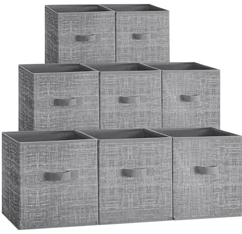SONGMICS Storage Cubes, 26 cm Non-Woven Fabric Bins with Double Handles, Set of 8, Wardrobe Organisers for Shelves, Foldable, for Clothes, Cattail Grey ROB826G01